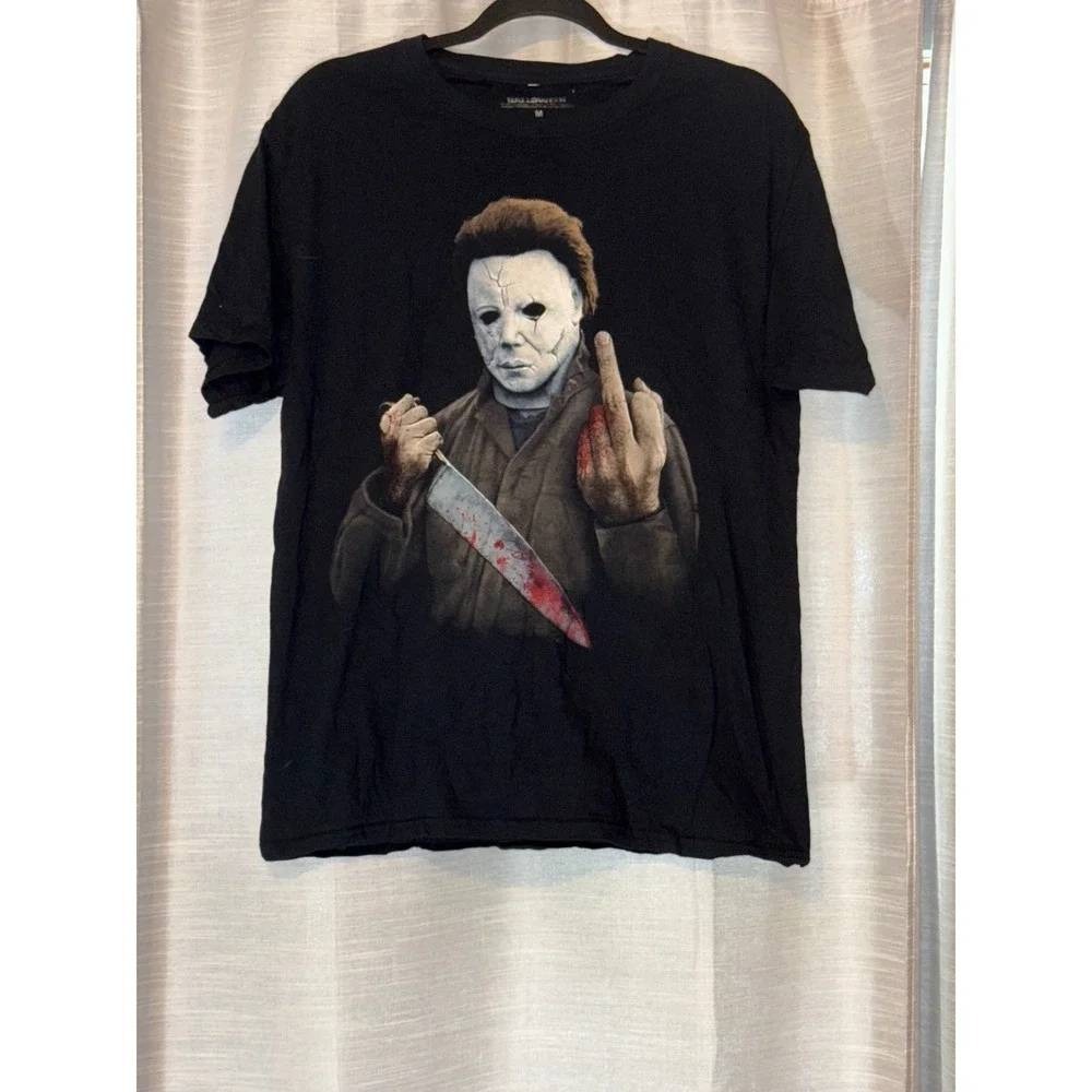 Halloween Michael Myers Middle Finger Bloody Knife Graphic T-Shirt Black Men's